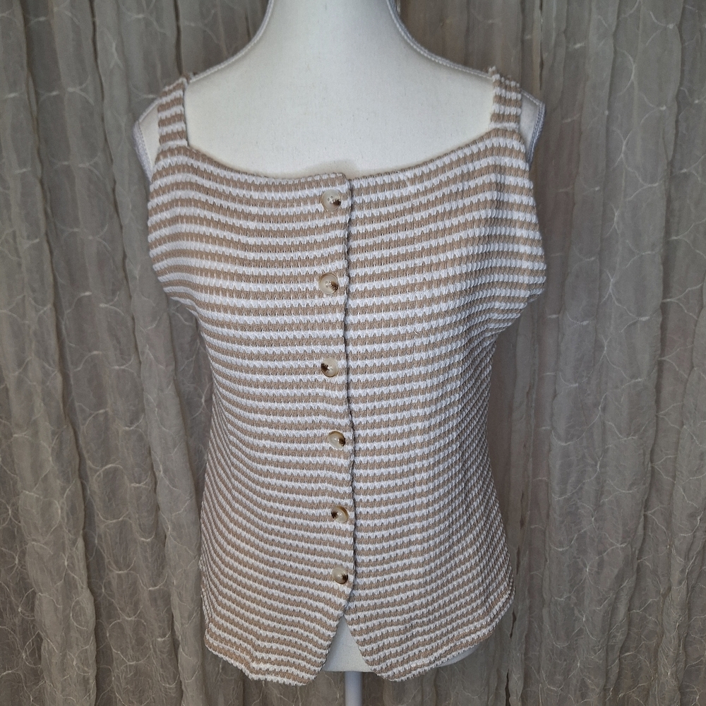 Vest Cream Beige Striped Button Down-Front Knit Tank Top Boho Western XL